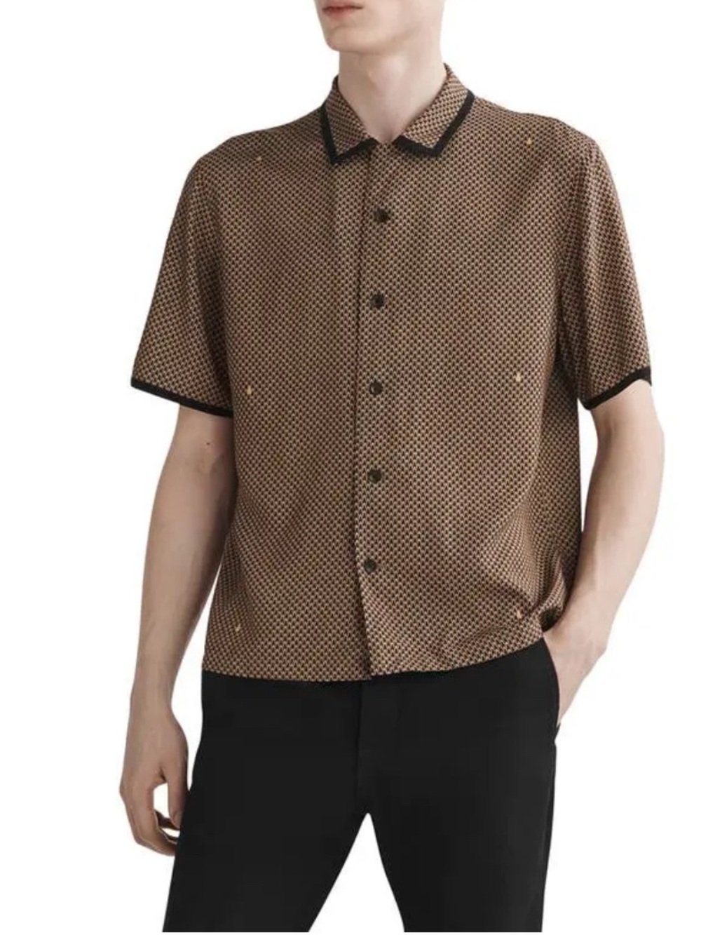 Rag & Bone Avery Foulard Print Short Sleeve Button-Up  Black Tan size M BNWT